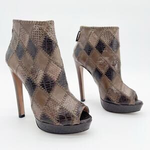 Prada Taupe Brown Mixed Croc Snakeskin Embossed Patchwork Peep Toe Booties IT 38